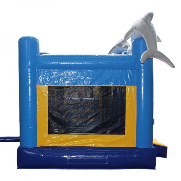 Side view of a blue and yellow Dolphin water slide with grey 3D dolphins mounted on the front columns of the inflatable.