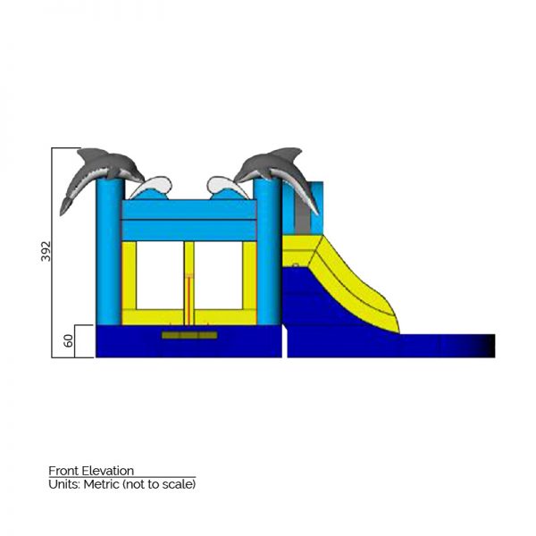 Dolphin bounce house front elevation dimensions. Total height is 392 cm.